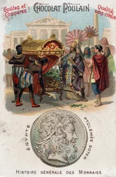 Ptolemaios I. (360-283 v. Chr.) Soter (Retter) ließ Alexander den Großen begraben. In Allgemeine Geschichte der Münzen. Schokoladen-Fohlen-Chromolithographie aus dem späten 19. Jahrhundert. Private Sammlung.