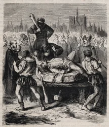 Bestrafung von François Ravaillac (1578-1610), dem Mörder König Heinrichs IV. (1553-1610), auf der Place de Grève in Paris im Jahr 1610 - Stich von 1879 in „Histoire des sociétés secrètes, politiques et religieuses“ von Pierre Zaccone (1817-1895)