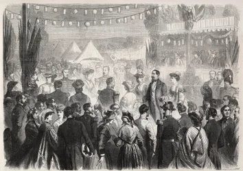 Improvisierter Ehrentanz von Napoleon III. (1808-1873) im Lager der Grenadiere in Vichy am 21. Juli 1861 - Gravur in „Le Monde Illustré“