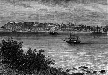 Quebec City, Kanada, vom rechten Ufer des St. Lawrence. Gravur im „Le Journal de la jeunesse“.