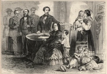 Königin Isabella II. von Spanien (Isabella von Bourbon) (1830-1904) und François von Assisi von Bourbon oder François I. von Spanien (1822-1902) suchten mit ihren Kindern Zuflucht im Schloss von Pau in Frankreich nach der Septemberrevolution (Gloriosa)