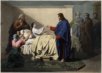 Auferweckung der Tochter des Jairus - Jesus rettet die Tochter des Jairus. Anonyme Gravur aus dem späten 19. Jahrhundert
