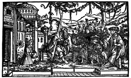 Raphaël Hythlodée, ein Reisender, der fünf Jahre in Utopia verbrachte, erzählt Thomas More und Pierre Gilles von seiner Reise. Holzschnitt, veröffentlicht in der Ausgabe von „Utopia“ von Thomas More (1478 - 1535) von 1516.