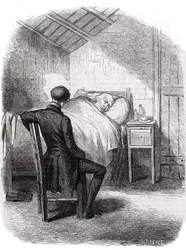 Rastignac blieb allein beim alten Mann, der am Fuß des Bettes saß... Gravur Mitte des 19. Jahrhunderts. Illustration für „Vater Goriot“ von Honoré de Balzac (1799-1850).