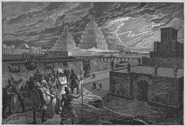 Rekonstruktion der Tempel und Paläste entlang des Flusses von Babylon - Mesopotamien: Rekonstruktion der Stadt Babylon, erbaut unter der Herrschaft von König Nebukadnezar II.