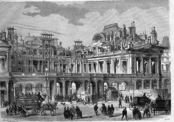 Wiederaufbauarbeiten des Königspalastes (Palais-Royal) in Paris. Gravur in „L