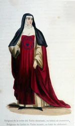 Religiöser des Ordens des fleischgewordenen Wortes in zeremonieller Kleidung. Gravur aus einem Album über religiöse Orden, Paris