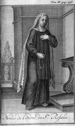 Religiöser Orden. Novize des Ordens von St. Rosalia in Palermo auf Sizilien im 17. Jahrhundert. In "Geschichte der militärischen Orden oder Ritter, der sicheren und routinemäßigen Milizen beider Geschlechter, die bisher gegründet wurden. Ausgabe von Abbe G