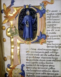 Darstellung des Dichters Dante Alighieri (1265 - 1321) in einer Initiale, Miniatur des 14. Jahrhunderts.