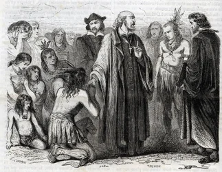 Darstellung von Bartolomé de las Casas (1484-1566) Dominikanerpriester, Missionar bei den Indianern (Porträt von Bartolomé de las Casas, Dominikanermönch und Beschützer der Indianer - Gravur von 1860