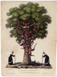 Darstellung der Benevent-Walnuss, Hexen und Dämonen der Legende, die das Ballett „Il noce di Benevento“ von Franz Xaver Sussmayr inspirierte. Illustration aus dem 19. Jahrhundert
