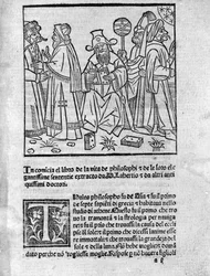 Darstellung von Diogenes Laertius (120-240) (Mitte) umgeben von verschiedenen Denkern und Philosophen. Seite aus „Leben, Lehren und Meinungen berühmter Philosophen“ (Vitae Philosophorum) von Dichter und Historiker Diogenes Laertius (120-240) 1495
