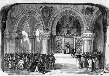 Darstellung von Don Carlo (Don Carlos) Oper in 5 Akten von Giuseppe Verdi an der Pariser Oper am 11. März 1867. Szene des 5. Akts: Kloster von St. Juste, Erscheinung von Karl V. Gravur von 1867.