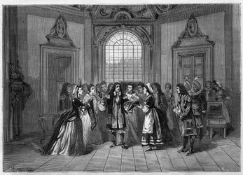 Darstellung einer komischen Oper: Ludwig XIV in „Le roi a dit“ nach einem Libretto von Edmond Gondinet (1829-1888) und einer Musik von Léo Delibes (1836-1891). Paris, Théâtre de l
