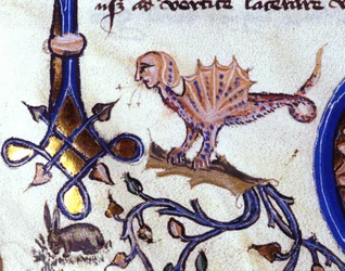 Darstellung eines fantastischen Tieres halb Mensch halb Drache. Miniatur aus einem Manuskript des 14. Jahrhunderts