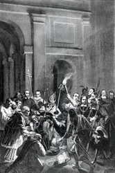 Darstellung einer Exorzismusszene. Illustration aus dem 19. Jahrhundert.