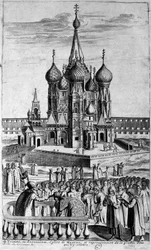 Darstellung der Dreifaltigkeitskirche in Moskau in einer Gravur aus dem 17. Jahrhundert