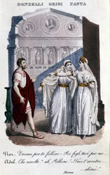 Darstellung der Interpreten der ersten Aufführung von „La Norma“ von Vincenzo Bellini (1801 - 1835): von links nach rechts Domenico Donzelli (Pollione), Giuditta Grisi (Adalgisa) und Giuditta Pasta (Norma). 1833
