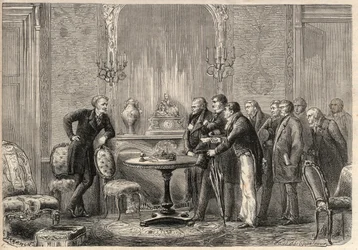 Aufführung des Stücks „Mercadet“ (Le Faiseur) von Honoré de Balzac in der Comédie-Française. Akt III, Szene VI. Gravur in „L