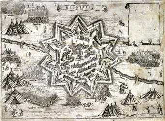 Darstellung der Belagerung von Nikosia auf der Insel Zypern im Jahr 1191 während des 3. Kreuzzugs durch Richard Löwenherz. 16. Jahrhundert.