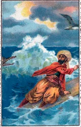 Rettung auf einem Brett. Die wunderbaren Abenteuer von Sindbad dem Seefahrer. Beliebtes Märchen aus 1001 Nacht. Chromolithographie des späten 19. Jahrhunderts.