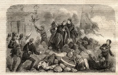 Revolution 1848: „Der Erzbischof Monsignore Denis Affre auf der Barrikade Faubourg Saint Antoine in Paris am 26.06.1848 (Do o mon dieu que mon sang soit le dernier verse) (Tod von Denis Affre, Erzbischof von Paris auf der Barrikade am Eingang zu t