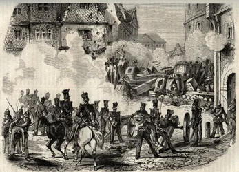 Revolutionen 1848-1849, Deutschland, Frankfurt - Truppen stürmen eine Barrikade in Frankfurt, Deutschland, am 18. September