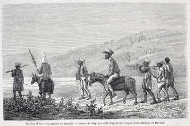 Richard Francis Burton, britischer Entdecker (1821-1890), und seine Begleiter in Afrika. Zeichnung zur Illustration des Artikels „Captain Burtons Reise zu den Großen Seen Afrikas 1857-59“ - in „Tour du Monde“, 2. Halbjahr 1860