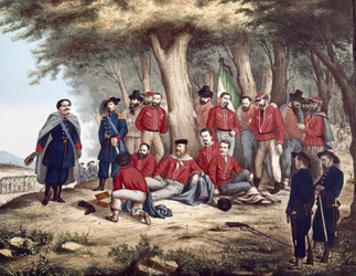 Risorgimento: Der italienische Patriot Giuseppe Garibaldi (1807-1882) wird in Aspromonte am 29.08.1862 verwundet und von Soldaten transportiert