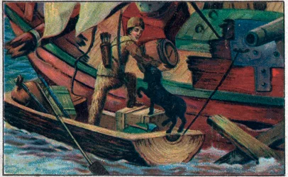 Robinson besucht die Trümmer. Illustration für das Buch von Daniel Defoe „Robinson Crusoe“. Chromolithographie des späten 19. Jahrhunderts.