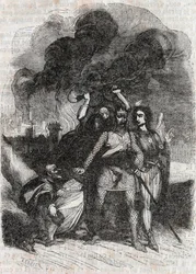 Rodomont verlässt Paris - Gravur von 1851 aus „Roland der Rasende“ (Orlando furioso) (16. Jahrhundert) von Ludovico Ariosto, bekannt als der Ariosta - Ausgabe, übersetzt aus dem Italienischen von Graf von Tressan und veröffentlicht von Gustave Harvard 1851