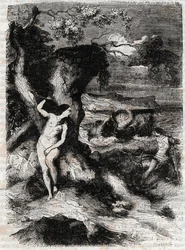 Roland befreit Olympe - Gravur von 1851 aus „Roland der Rasende“ (Orlando furioso) (16. Jahrhundert) von Ludovico Ariosto, bekannt als der Ariosta - Ausgabe, übersetzt aus dem Italienischen von Graf von Tressan und veröffentlicht von Gustave Harvard 1851