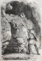 Roland findet die Figuren von Medor und Angelique - Gravur von 1851 aus „Furious Roland“ (Orlando furioso) (16. Jahrhundert) von Ludovico Ariosto, bekannt als Ariosto - Ausgabe übersetzt aus dem Italienischen von Graf von Tressan und veröffentlicht von Gus