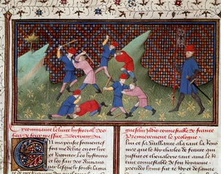 Roman von Ogier dem Dänen: der Kampf mit der Hand und mit dem Stock Miniatur aus „Chronik von Bertrand du Guesclin“ (Ms 490)