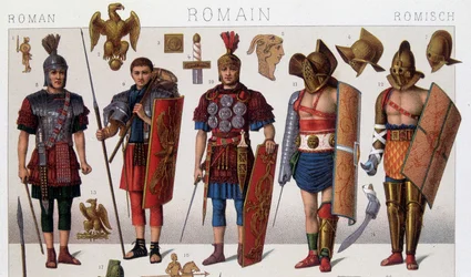 Römische Gladiatorenkostüme und Krieger. Chromolithographie des 19. Jahrhunderts