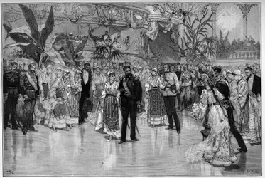 Rumänien: Ball zu Ehren von Kronprinz Rudolf (1858-1889) und Prinzessin Stephanie von Österreich-Ungarn (1864-1945) im Nationaltheater in Bukarest. Stich in „Le Monde Illustré“