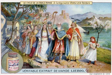 Runder Tisch Zyklus (2): Hochzeitsprozession von König Artus und Juniper, Liebig Chromolithographie, 19. Jahrhundert