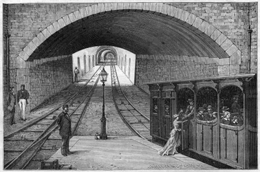 Route der Eisenbahn von Lyon nach Croix Rousse - Gravur in „Journal des voyages“ 1884