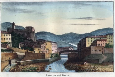 Die Stadt Rovereto im Trentino in Norditalien - 19. Jahrhundert - Stich aus „Usi e Costumi di Tutti i Popoli dell