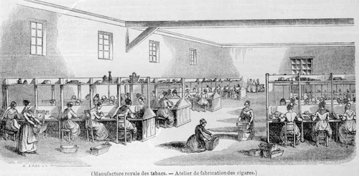 Königliche Tabakmanufaktur: Zigarrenherstellungswerkstatt. Gravur des 19. Jahrhunderts