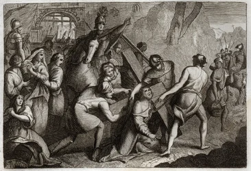 Royaumont-Bibel, Neues Testament: Kreuztragung (Kreuzweg). Jesus Christus trägt sein Kreuz auf den Berg Golgatha mit Hilfe von Simon von Kyrene (der Kyrenäer). Illustration von 1811.