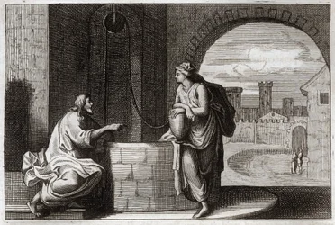 Bibel von Royaumont, Neues Testament: Christus und die Samariterin am Brunnen. Jesus Christus bekehrt eine samaritanische Frau. Illustration von 1811.