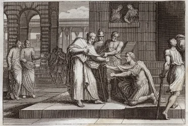 Royaumont-Bibel, Neues Testament: Cornelius tauft. Der Zenturio Cornelius empfängt den Glauben an Jesus Christus und wird von St. Peter getauft. Illustration von 1811.
