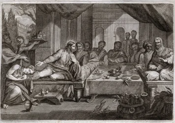 Royaumont-Bibel, Neues Testament: Abendessen bei Simon dem Pharisäer. Maria Magdalena weinte zu den Füßen Jesu Christi bei Simon dem Pharisäer und erhielt die Vergebung ihrer Sünden. Sie salbt Christi Füße mit Salböl und trocknet sie mit ihrem Haar. Illust