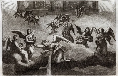 Royaumont-Bibel, Neues Testament: Drache der Offenbarung. Sieben Engel gießen den Inhalt ihrer Schale, Symbol des Zorns Gottes, auf die Erde. Illustration von 1811.