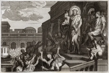 Royaumont-Bibel, Neues Testament: Ecce homo. Pontius Pilatus (Pontius Pilatius) präsentiert Jesus Christus mit Dornenkrone der Menge und sagt: „Hier ist der Mensch“. Illustration von 1811.