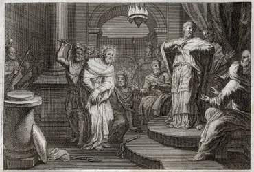 Royaumont-Bibel, Neues Testament: Jesus Christus vor Kaiphas und Anan (Hanan oder Anne oder Hanne). Illustration von 1811.