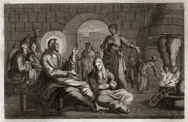 Bibel von Royaumont, Neues Testament: Martha und Maria. Jesus Christus betritt das Haus von Martha, die sich beeilt, ihn zu empfangen, während ihre Schwester Maria von Bethanien seinem Wort lauscht. Illustration von 1811.