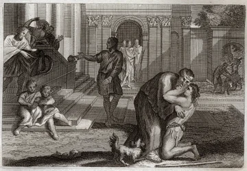 Royaumont-Bibel, Neues Testament: Gleichnis vom verlorenen Sohn. Der Sohn kehrt nach Hause zurück, nachdem er all sein Hab und Gut verloren hat. Er kommt, um seinen Vater um Vergebung zu bitten. Illustration von 1811