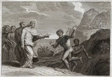 Royaumont-Bibel, Neues Testament: Besessener geheilt. Jesus Christus heilte einen Besessenen, den der Dämon wütend gemacht hatte. Illustration von 1811.